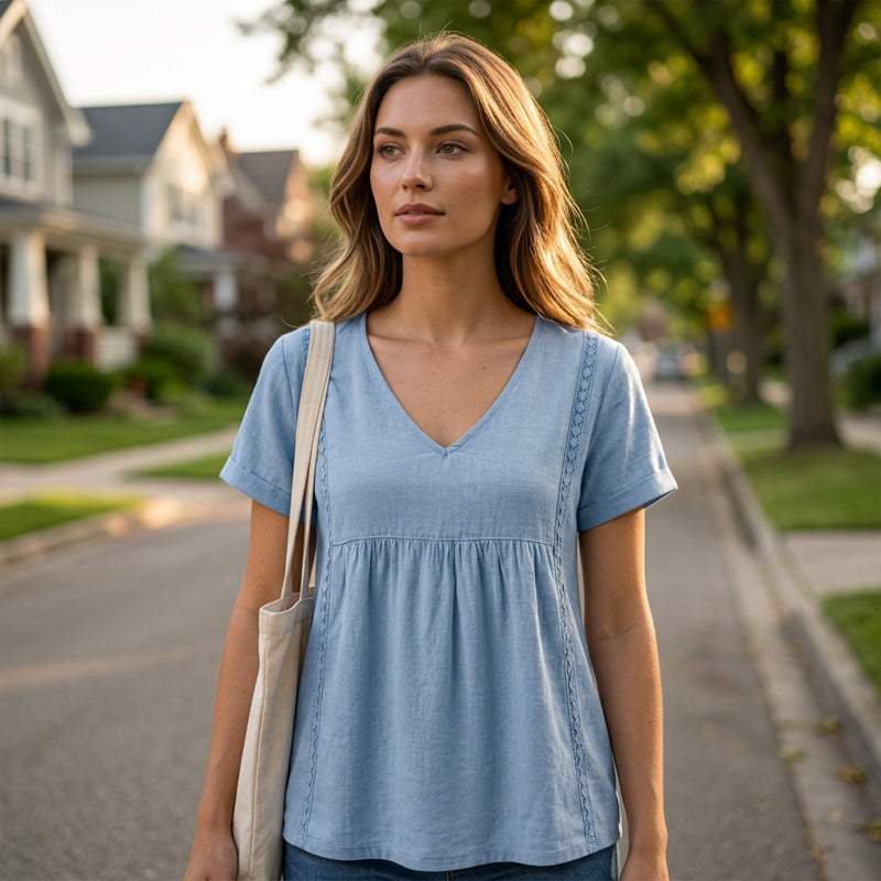 đâšElegant T-shirt med V-ringning för damer â smickrande halsringning, mjukt tyg och mĂ„ngsidig â perfekt för vardagen, kontoret och fritiden â lĂ€tt att kombinera