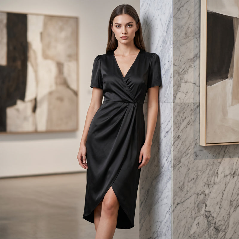 🌟 Den look som alla letar efter – hos oss 50 % billigare! 👗Asymmetrisk omlottklänning för damer med korta ärmar och V-ringning