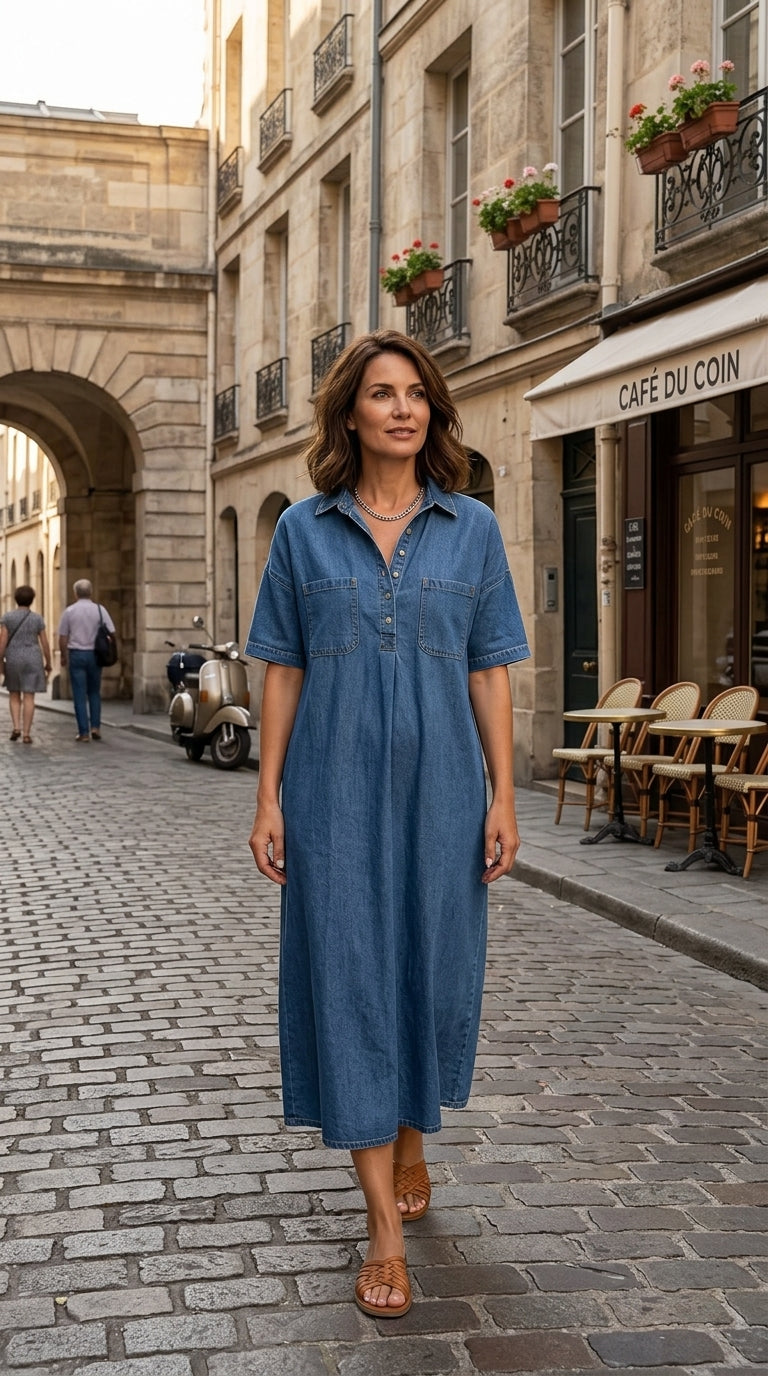 👗 50% RABATT NU! 👖 Ljus Denim Midiklänning med Fickor – Avslappnad & Bekväm – Perfekt för Vardagen 🌸