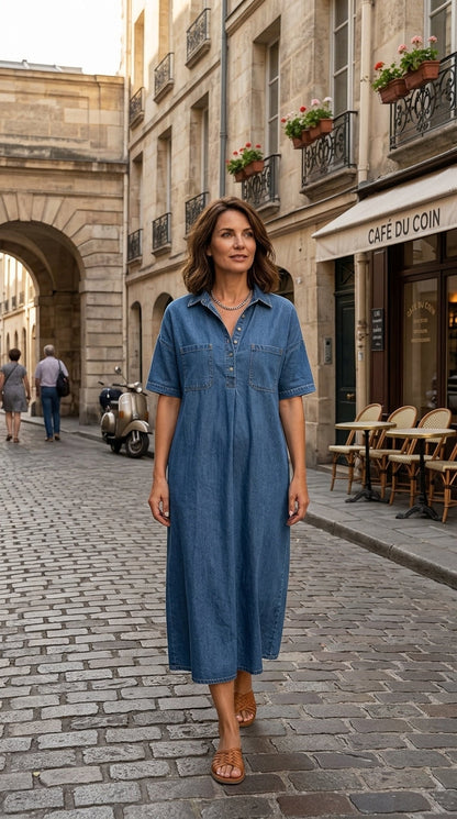 👗 50% RABATT NU! 👖 Ljus Denim Midiklänning med Fickor – Avslappnad & Bekväm – Perfekt för Vardagen 🌸