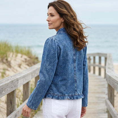🧥 🌸 Dam Denimjacka med Volang & Öppen Framsida – Lättviktig & Feminin – Mångsidig & Chic 👗