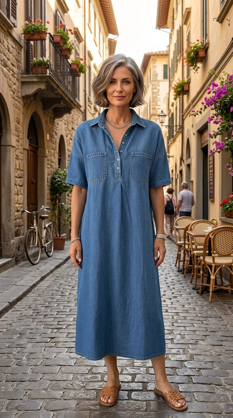 👗 50% RABATT NU! 👖 Ljus Denim Midiklänning med Fickor – Avslappnad & Bekväm – Perfekt för Vardagen 🌸