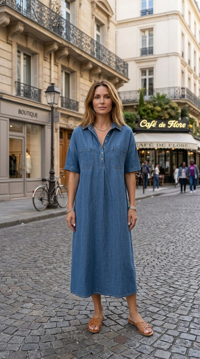 👗 50% RABATT NU! 👖 Ljus Denim Midiklänning med Fickor – Avslappnad & Bekväm – Perfekt för Vardagen 🌸