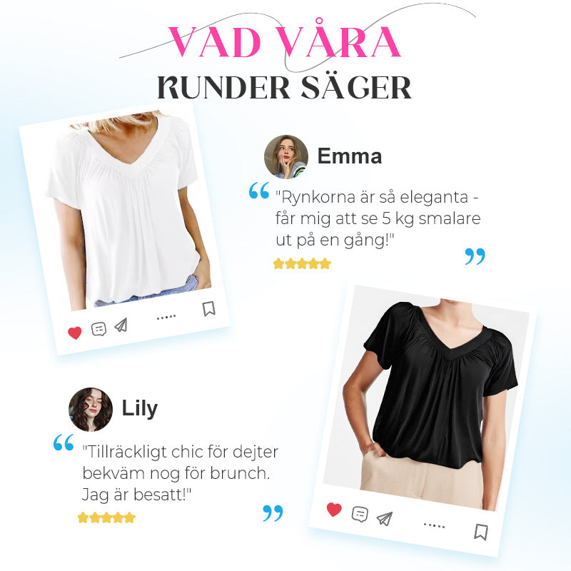 ✨ Dam Topp med Rynkade Detaljer, V-hals och Korta Ärmar