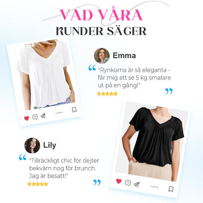 ✨ Dam Topp med Rynkade Detaljer, V-hals och Korta Ärmar