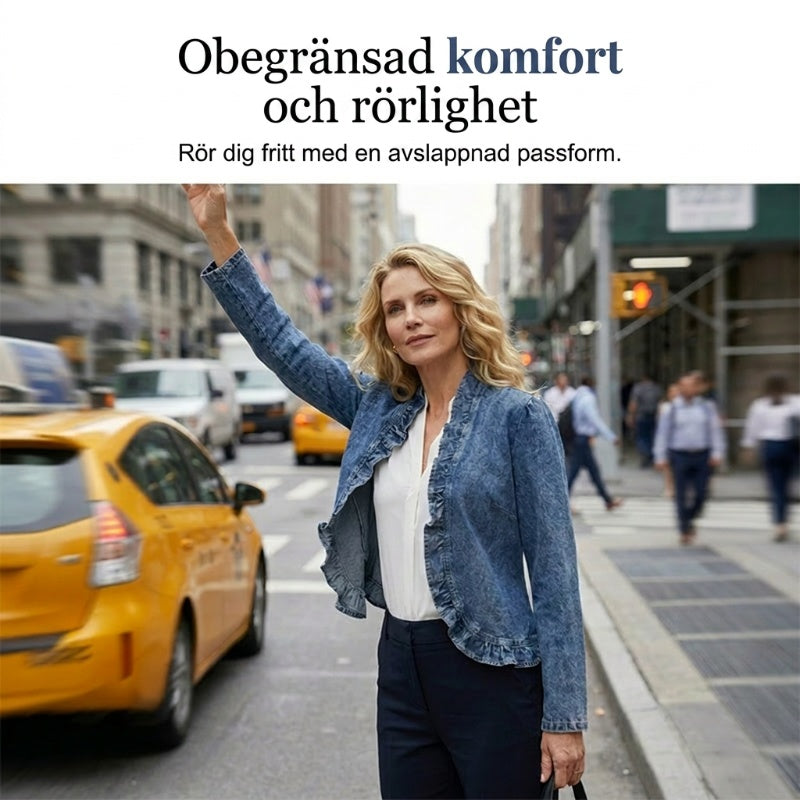🧥 🌸 Dam Denimjacka med Volang & Öppen Framsida – Lättviktig & Feminin – Mångsidig & Chic 👗