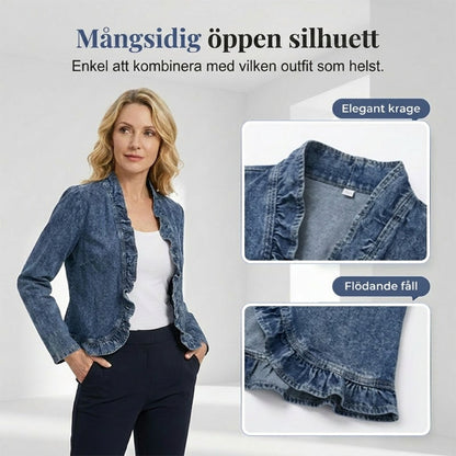 🧥 🌸 Dam Denimjacka med Volang & Öppen Framsida – Lättviktig & Feminin – Mångsidig & Chic 👗