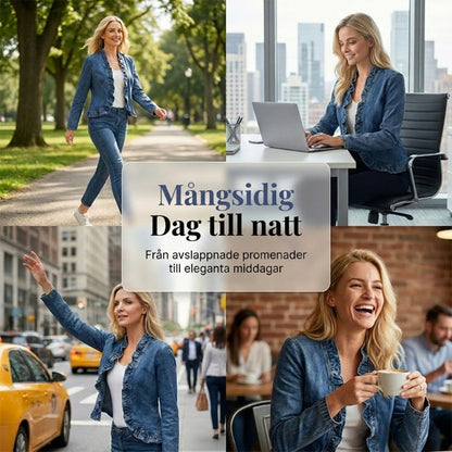 🧥 🌸 Dam Denimjacka med Volang & Öppen Framsida – Lättviktig & Feminin – Mångsidig & Chic 👗