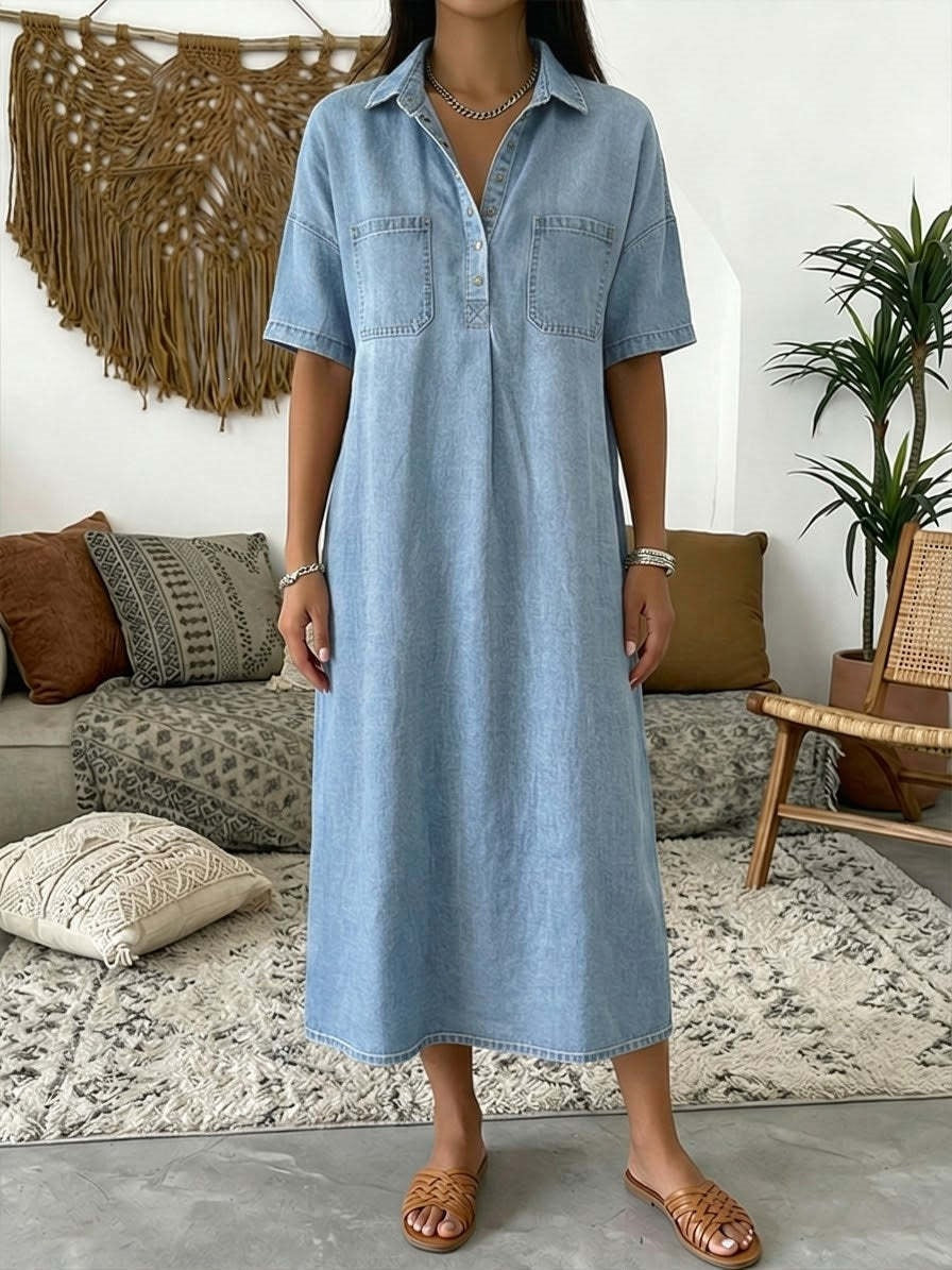 👗 50% RABATT NU! 👖 Ljus Denim Midiklänning med Fickor – Avslappnad & Bekväm – Perfekt för Vardagen 🌸