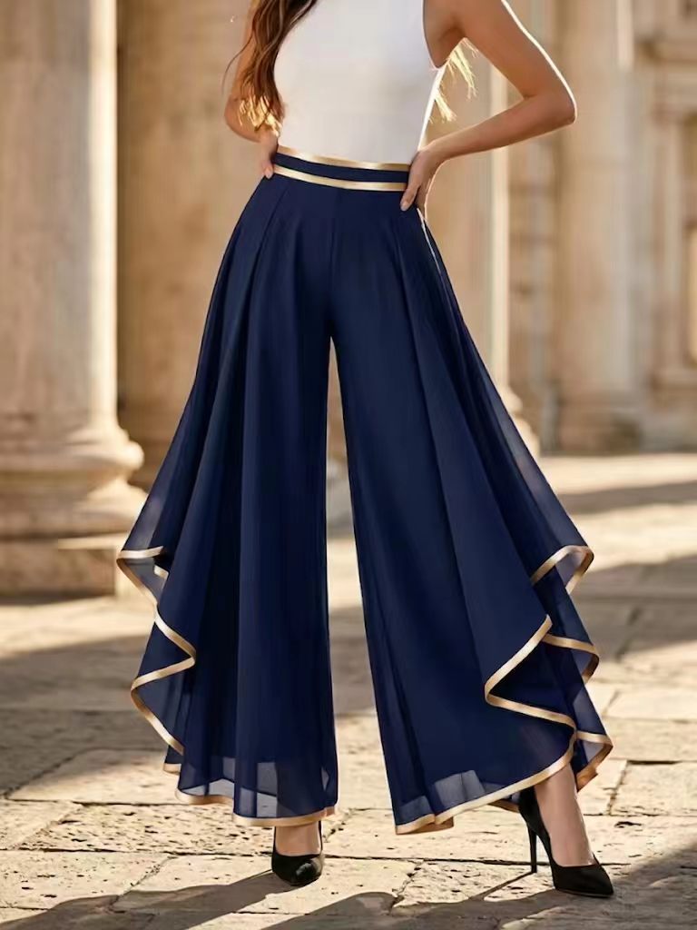 ⏳Tidsbegränsad 50% rabatt⏰Eleganta flödande vidbyxor med gulddetaljer👖