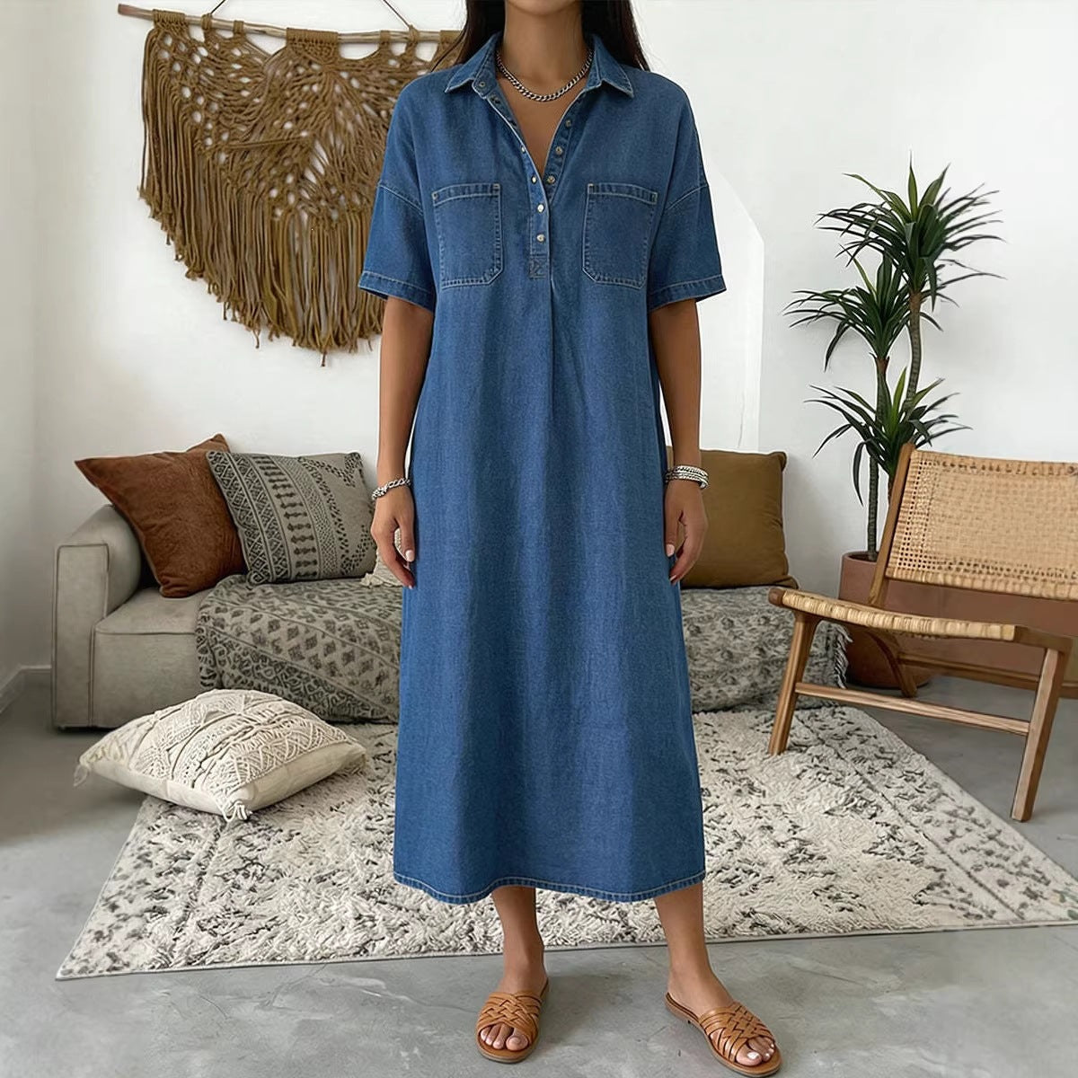 👗 50% RABATT NU! 👖 Ljus Denim Midiklänning med Fickor – Avslappnad & Bekväm – Perfekt för Vardagen 🌸