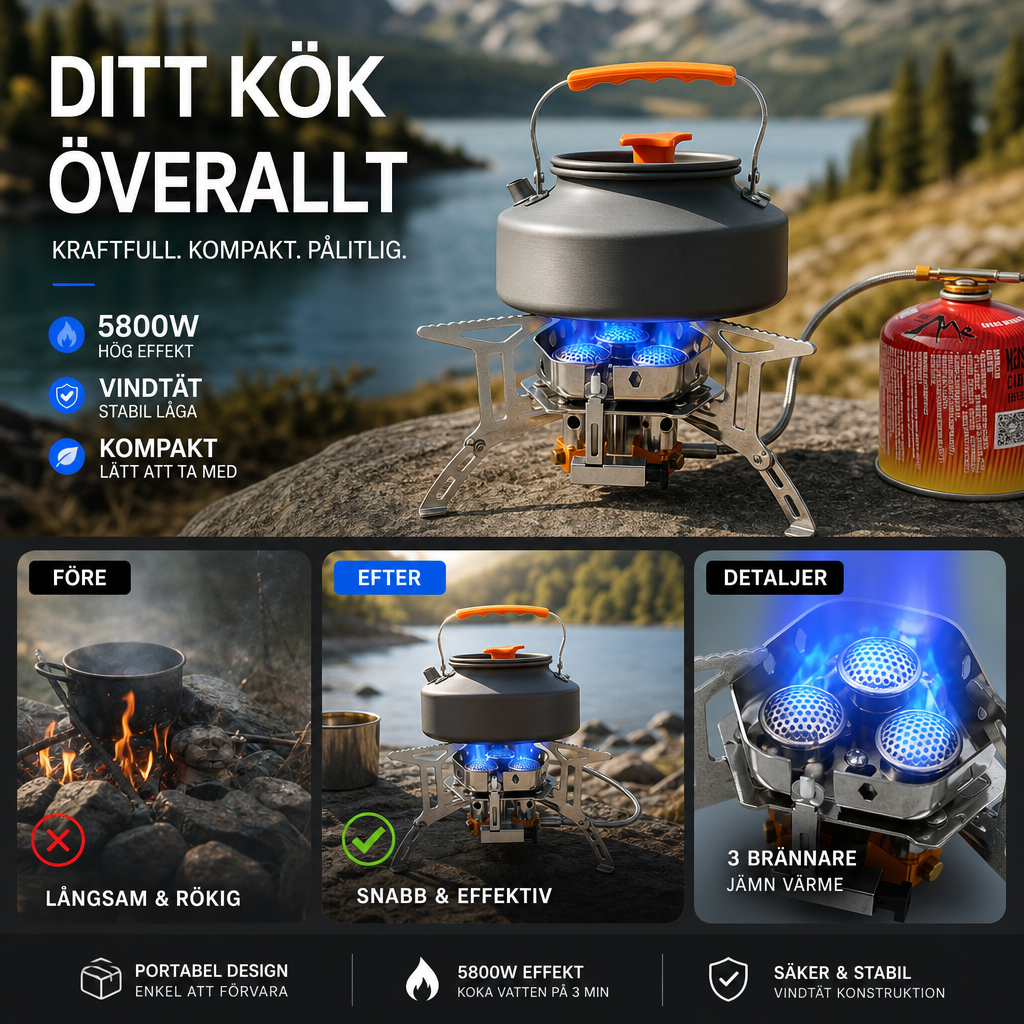 💥Vindbeständig campingkök med 3 brännare för utomhusbruk