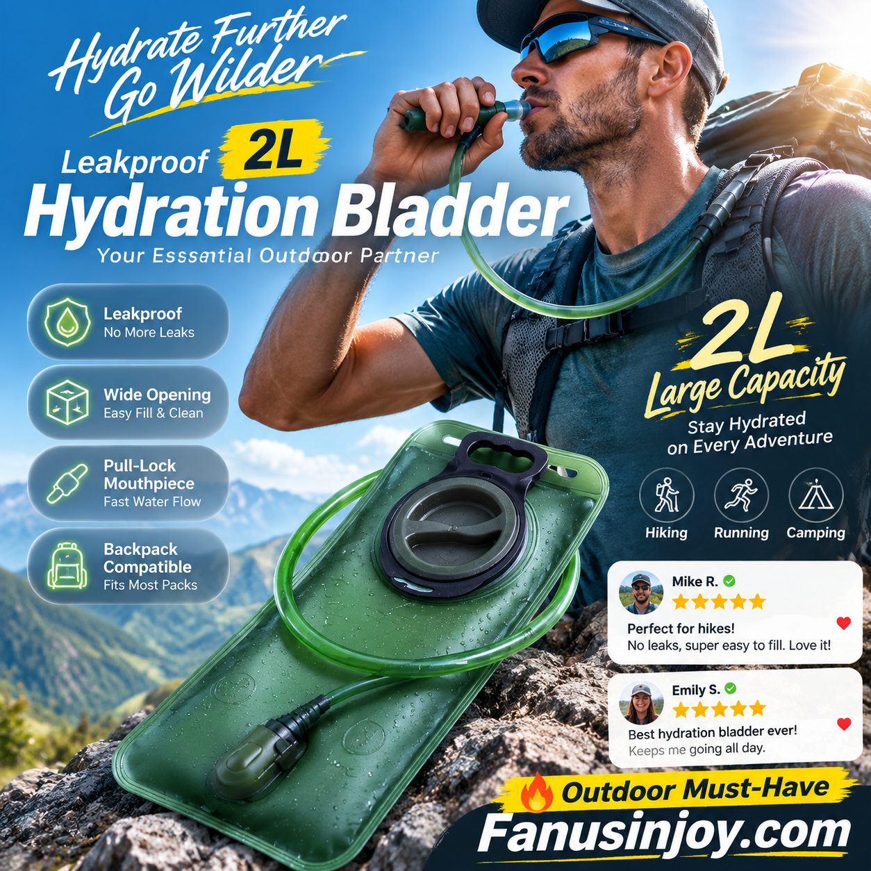 🔲50% överraskning rabatt!🏕️Hydrera när som helst, var som helst!💦2L vätskeblåsa med snabbkopplingsslang