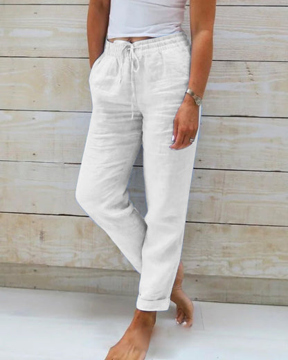 🔥50 % RABATT IDAG! 🌸Dambyxor i bomullslinen med elastisk midja ✨Luftiga, ledig passform och lätt sommarstil