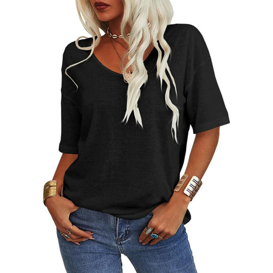 Enfärgad V-ringad T-shirt för dam