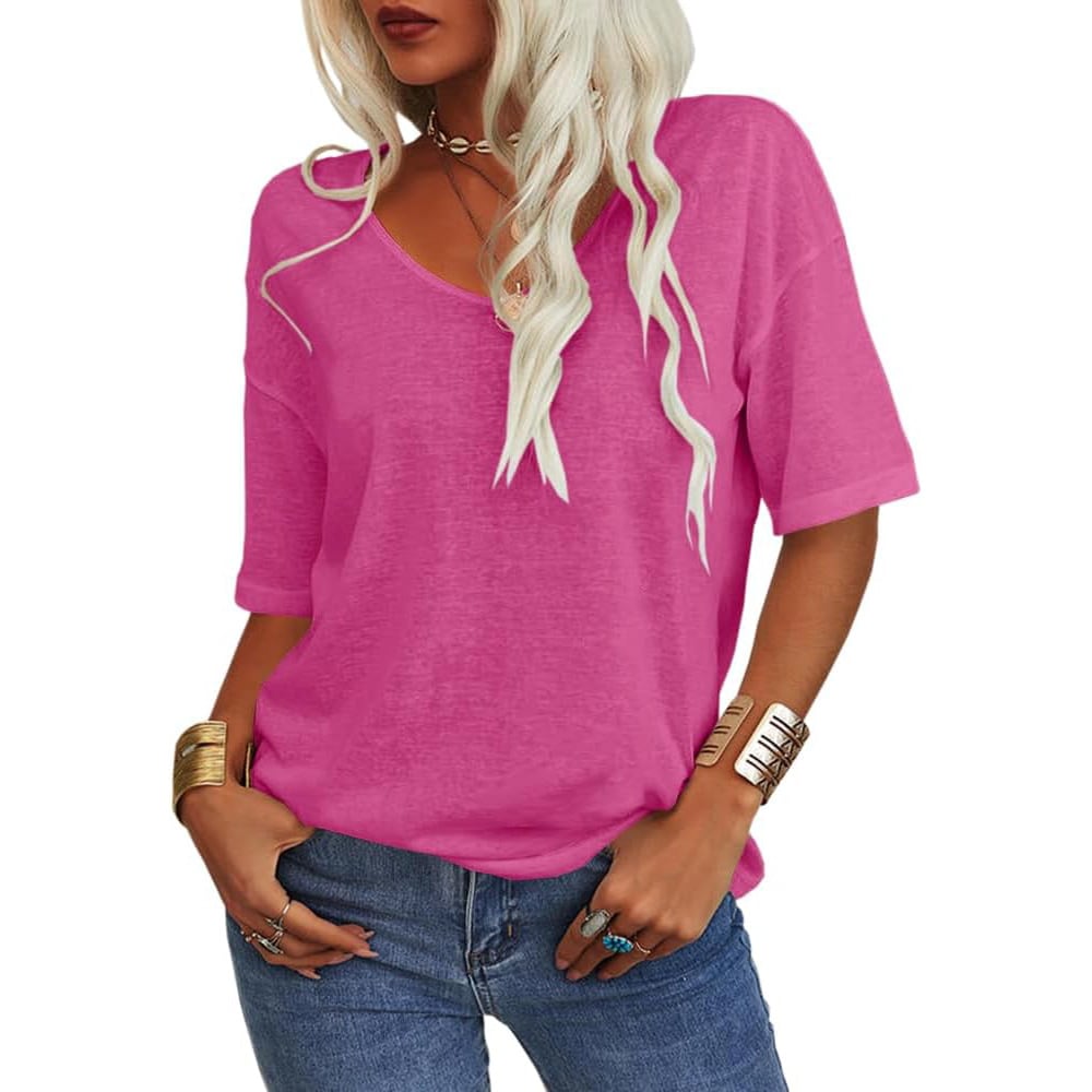 Enfärgad V-ringad T-shirt för dam