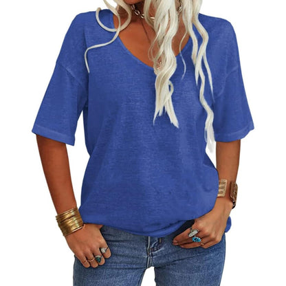 Enfärgad V-ringad T-shirt för dam