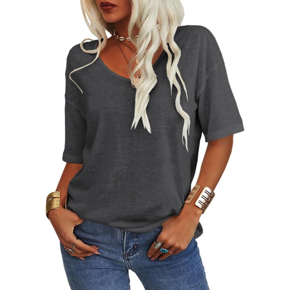 Enfärgad V-ringad T-shirt för dam