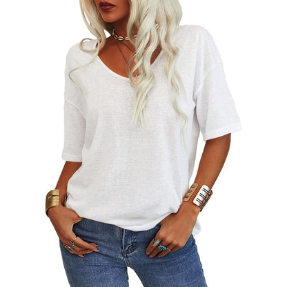 Enfärgad V-ringad T-shirt för dam
