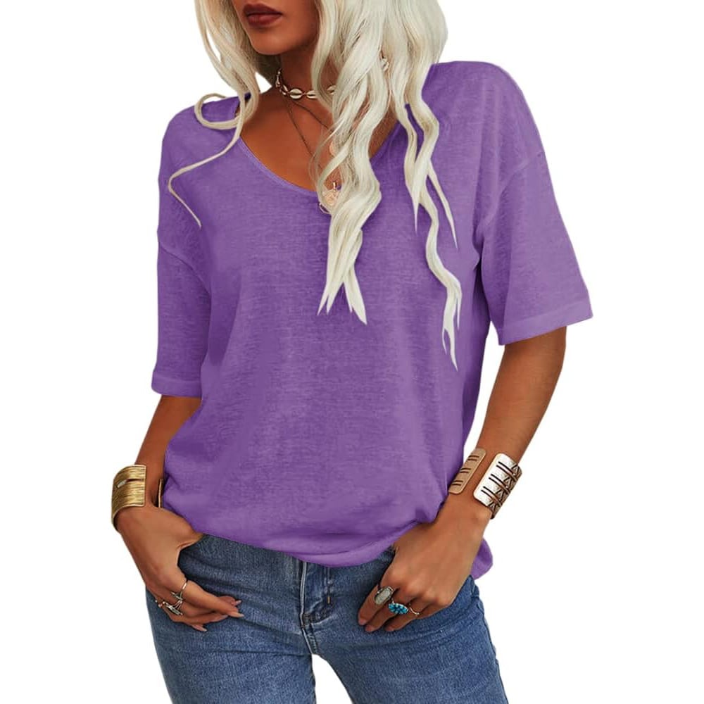 Enfärgad V-ringad T-shirt för dam