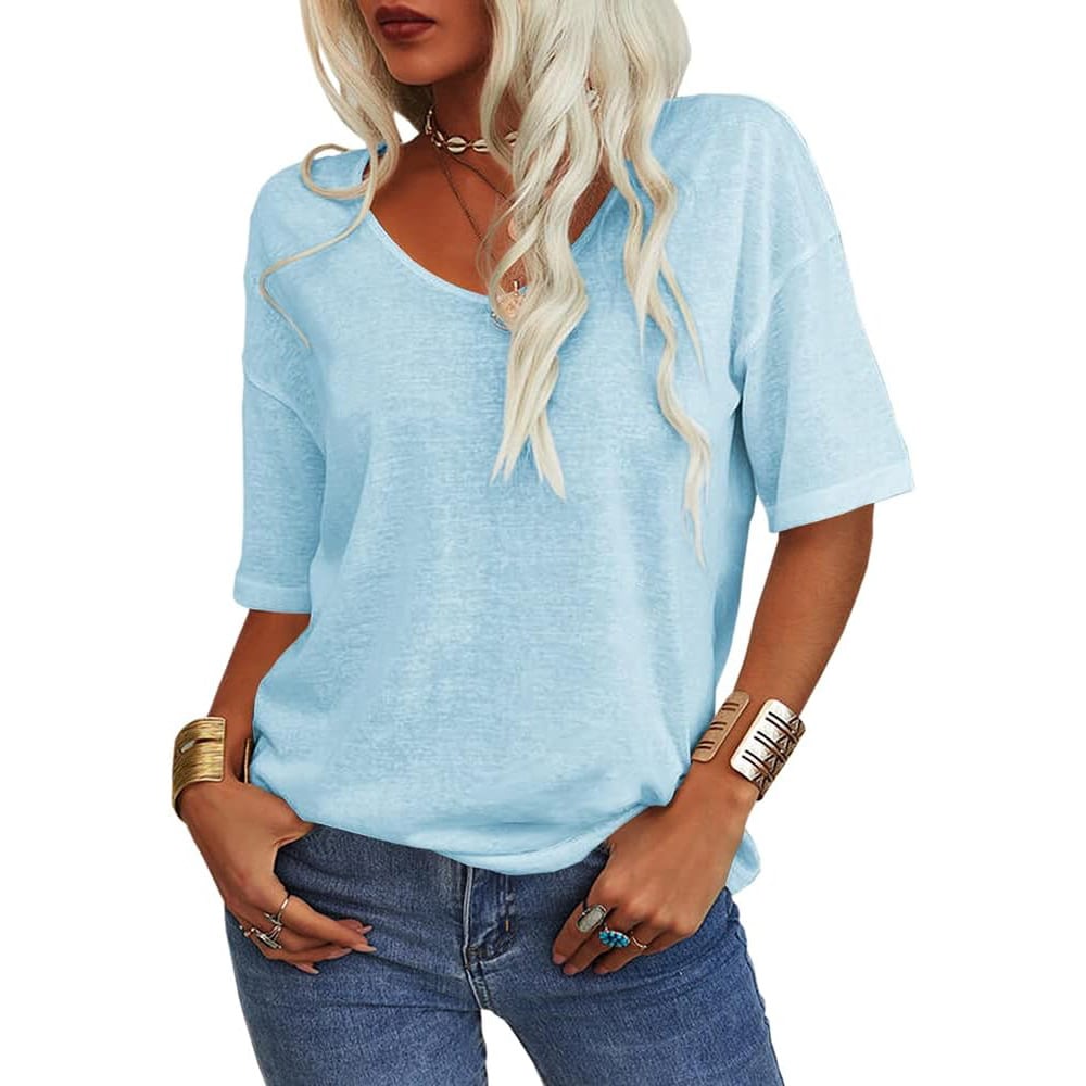 Enfärgad V-ringad T-shirt för dam