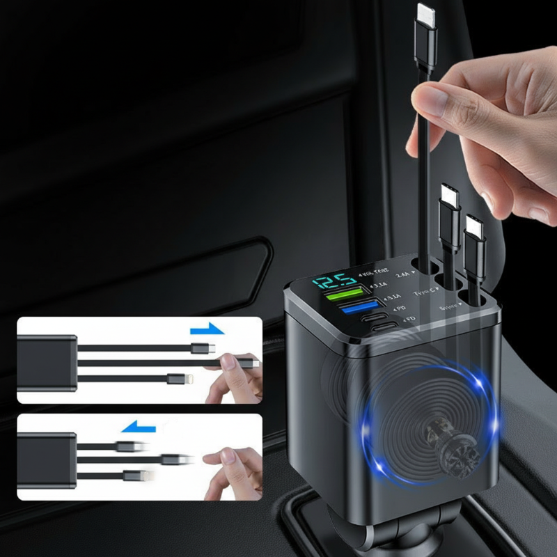 🎁Tidsbegränsat exklusivt erbjudande! ⏰Snabbladdande 7-i-1-laddare med utdragbar kabel och spänningsdisplay – USB-C för Android och Lightning för Apple🔋📱