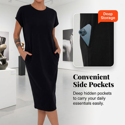 👗🛍️ Damernas Casual Kortärmad T-Shirt Klänning – Mjuk, Andningsbar med Fickor 🌿