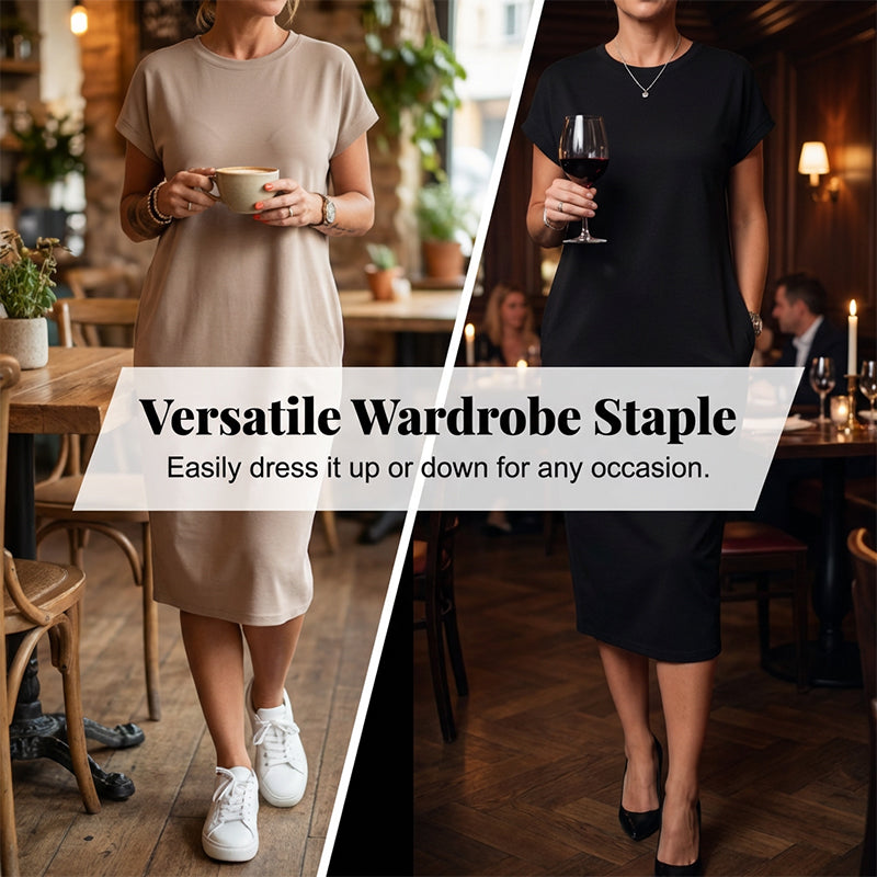 👗🛍️ Damernas Casual Kortärmad T-Shirt Klänning – Mjuk, Andningsbar med Fickor 🌿