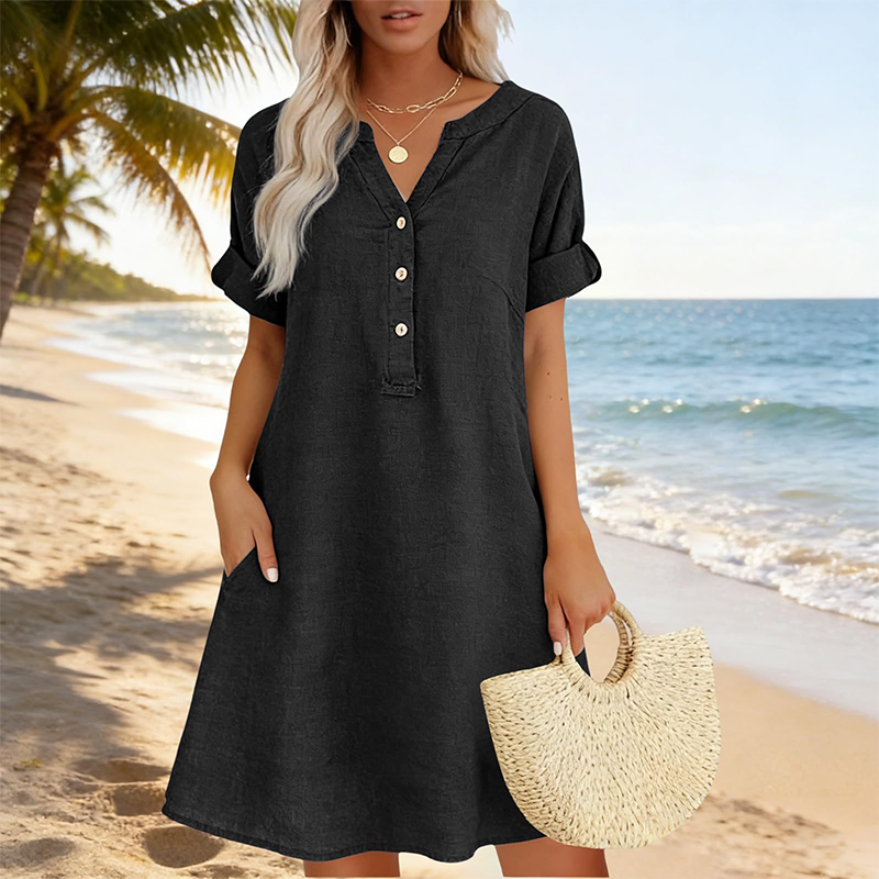 👗 50% RABATT NU! 🌿 Kvinnors Casual V-ringad Tunika med Fickor – Smickrande A-linje, Andningsbar Bomullsblandning & Sidofickor – Vardagskomfort ☀️