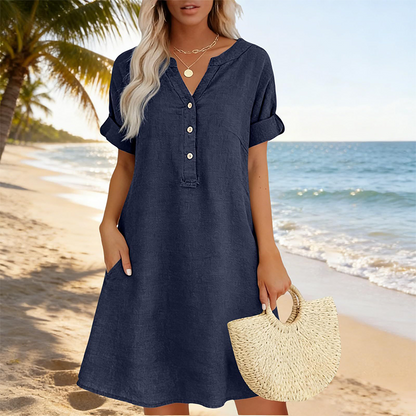 👗 50% RABATT NU! 🌿 Kvinnors Casual V-ringad Tunika med Fickor – Smickrande A-linje, Andningsbar Bomullsblandning & Sidofickor – Vardagskomfort ☀️