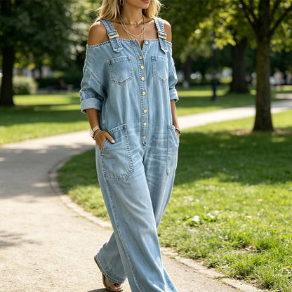 🔥 50% RABATT 👗✨ Cold-shoulder jumpsuit med vida ben & fickor – luftig komfort och stilren elegans för sommaren ☀️