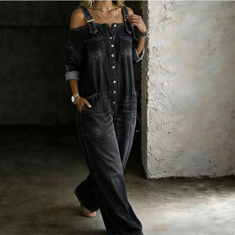 🔥 50% RABATT 👗✨ Cold-shoulder jumpsuit med vida ben & fickor – luftig komfort och stilren elegans för sommaren ☀️