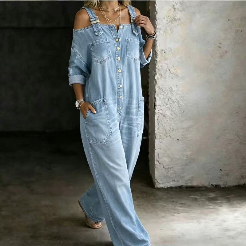 🔥 50% RABATT 👗✨ Cold-shoulder jumpsuit med vida ben & fickor – luftig komfort och stilren elegans för sommaren ☀️
