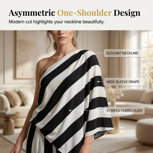 💃 BEGRÄNSAD TID – 50% RABATT! ✨ Damset med asymmetriska ränder – Enaxlat, vida byxben & luftigt 🍂