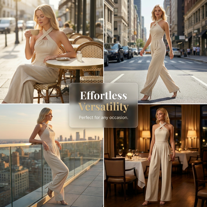 👗 TIDSBEGRÄNSAD 50% RABATT! ✨ Elegant jumpsuit med korsad halterringning – Stilfull, luftig och mångsidig 🌸