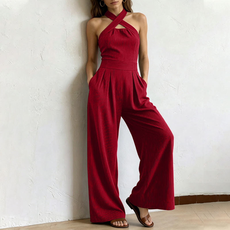 👗 TIDSBEGRÄNSAD 50% RABATT! ✨ Elegant jumpsuit med korsad halterringning – Stilfull, luftig och mångsidig 🌸