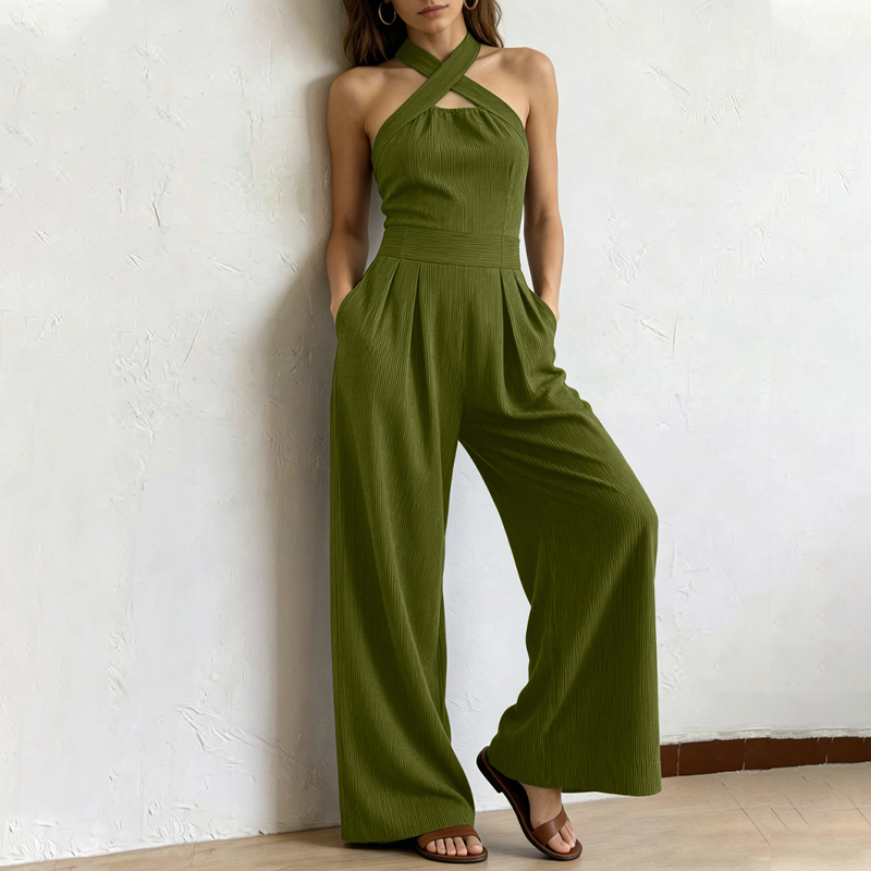 👗 TIDSBEGRÄNSAD 50% RABATT! ✨ Elegant jumpsuit med korsad halterringning – Stilfull, luftig och mångsidig 🌸