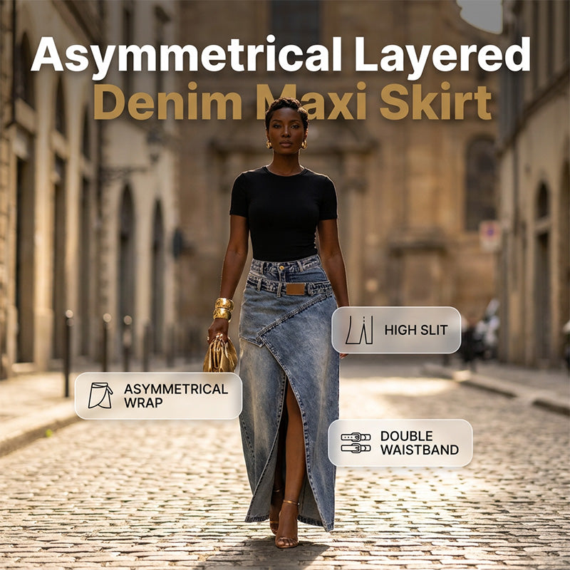 👗✨ Asymmetrisk lager denim maxikjol med slits