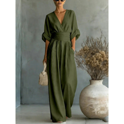 🔥 50% RABATT 👗 Elegant dam-jumpsuit med V-ringning ✨ hög midja & vida ben – smickrande, luftig & perfekt för sommarstil 🌿