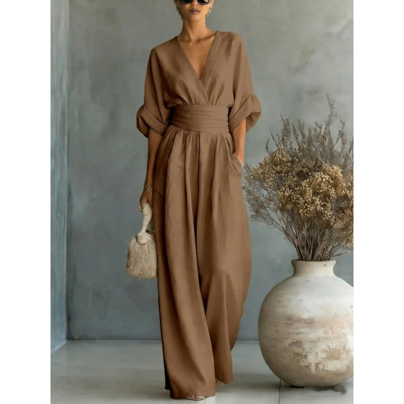 🔥 50% RABATT 👗 Elegant dam-jumpsuit med V-ringning ✨ hög midja & vida ben – smickrande, luftig & perfekt för sommarstil 🌿