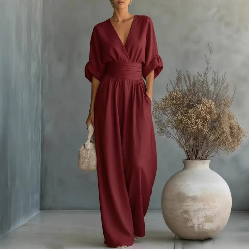 🔥 50% RABATT 👗 Elegant dam-jumpsuit med V-ringning ✨ hög midja & vida ben – smickrande, luftig & perfekt för sommarstil 🌿