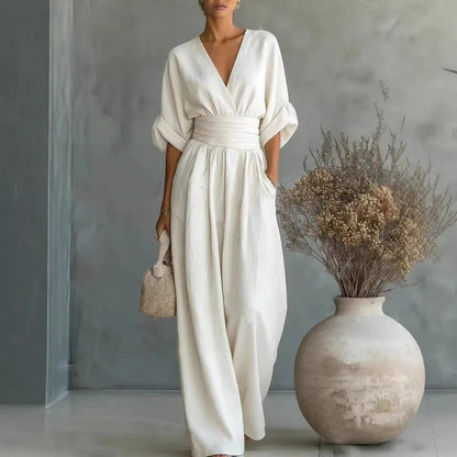 🔥 50% RABATT 👗 Elegant dam-jumpsuit med V-ringning ✨ hög midja & vida ben – smickrande, luftig & perfekt för sommarstil 🌿