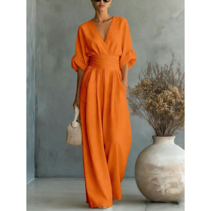 🔥 50% RABATT 👗 Elegant dam-jumpsuit med V-ringning ✨ hög midja & vida ben – smickrande, luftig & perfekt för sommarstil 🌿