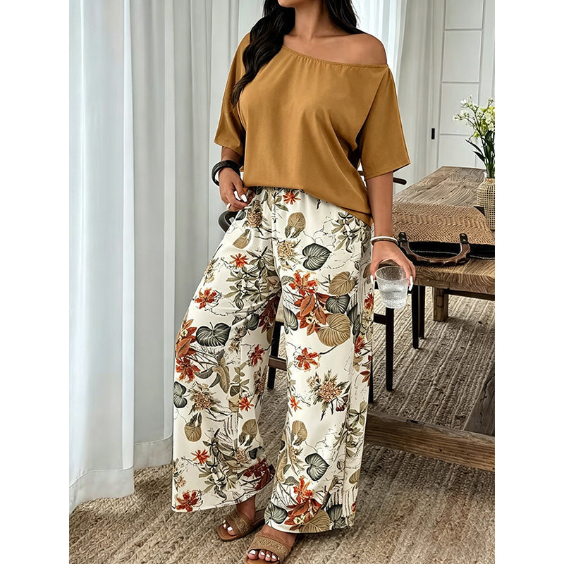 🔥 50% RABATT ✨ 2-delat set för dam med axelbar topp & mönstrade byxor 👖 Elegant, luftigt och perfekt för sommarens alla tillfällen ☀️