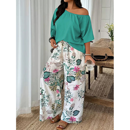🔥 50% RABATT ✨ 2-delat set för dam med axelbar topp & mönstrade byxor 👖 Elegant, luftigt och perfekt för sommarens alla tillfällen ☀️