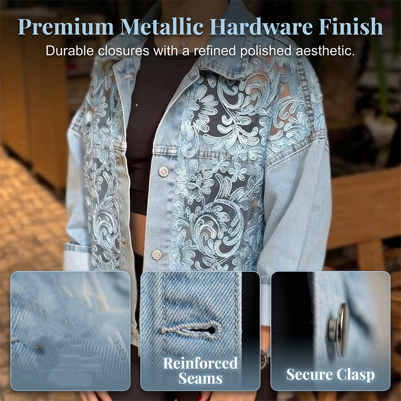 🔥 50% RABATT 🌸 Elegant denimjacka med blommiga spetspaneler ✨ Feminint uttryck, exklusiva detaljer & tidlös stil 💎