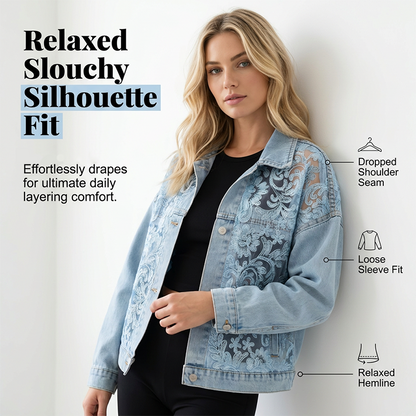 🔥 50% RABATT 🌸 Elegant denimjacka med blommiga spetspaneler ✨ Feminint uttryck, exklusiva detaljer & tidlös stil 💎
