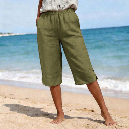 👖🌬️ Andningsbara capribyxor med resår och sidoslits