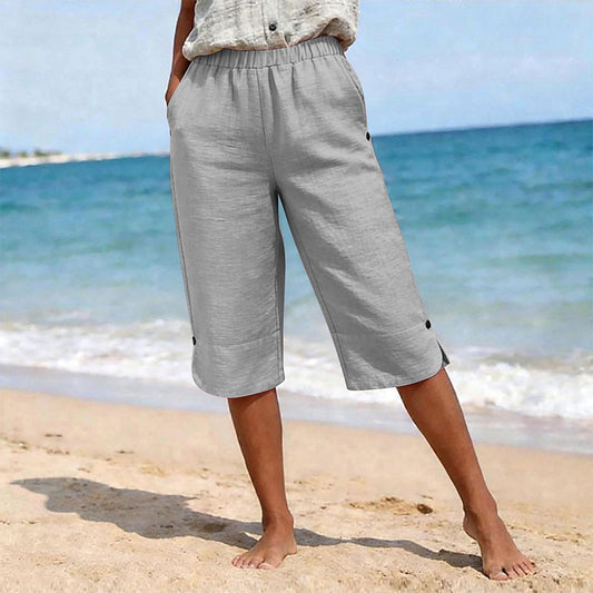 👖🌬️ Andningsbara capribyxor med resår och sidoslits