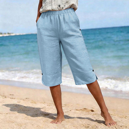 👖🌬️ Andningsbara capribyxor med resår och sidoslits